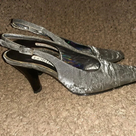 LORIBLU-Crushed Silk Silver Slingbacks-Leather Lining/Sole-Sz 34.5-4.5-Near Mint - Picture 4 of 8